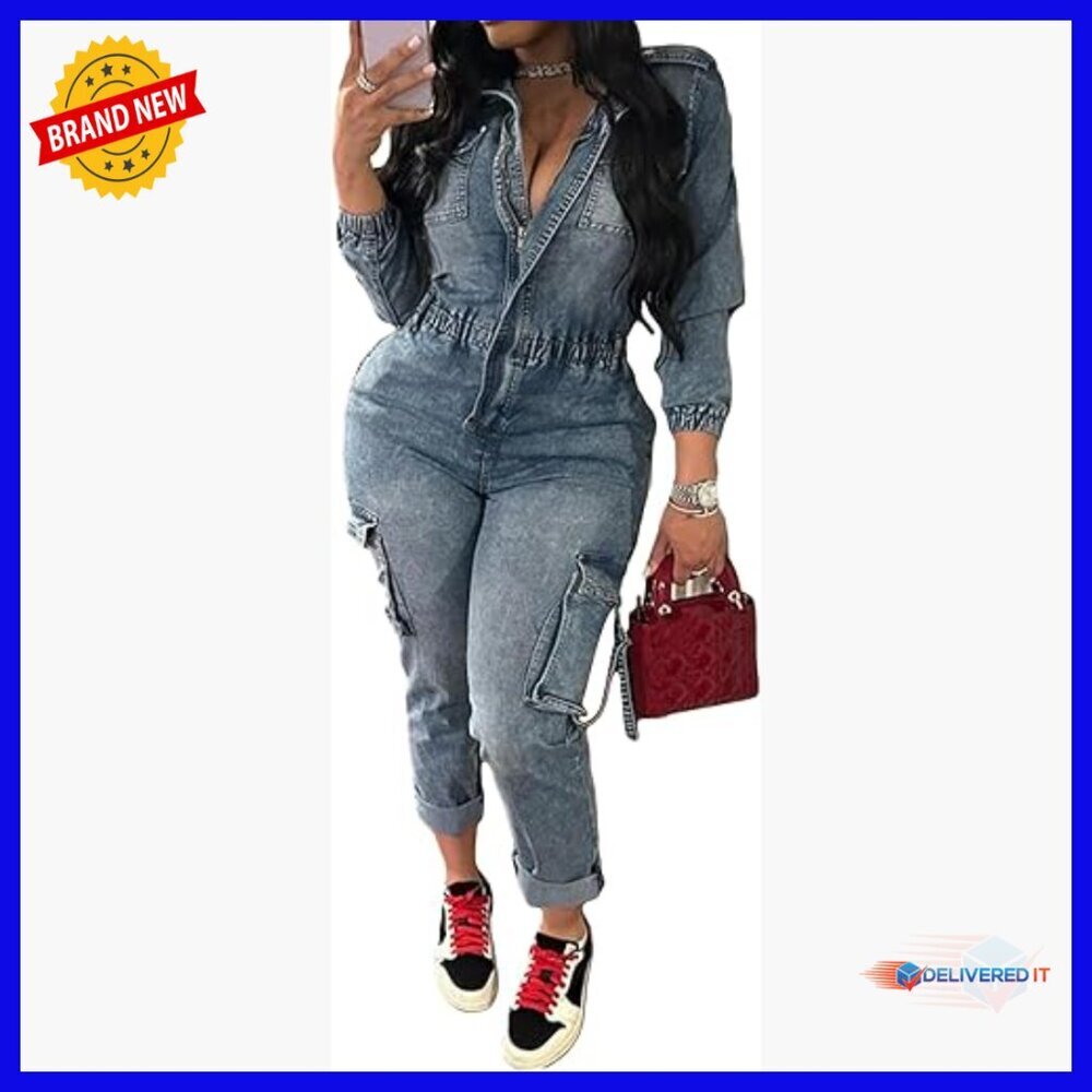Slim Fit Denim Overalls Long Sleeve Jumpsuit with Pockets